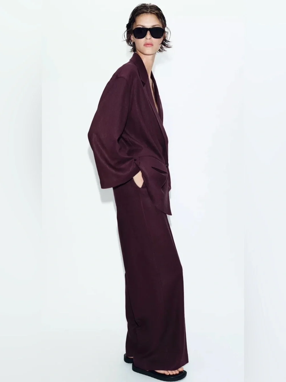 Zara NWT Linen Straight Leg Pants Burgundy Wide Leg Relaxed Tailored Trousers